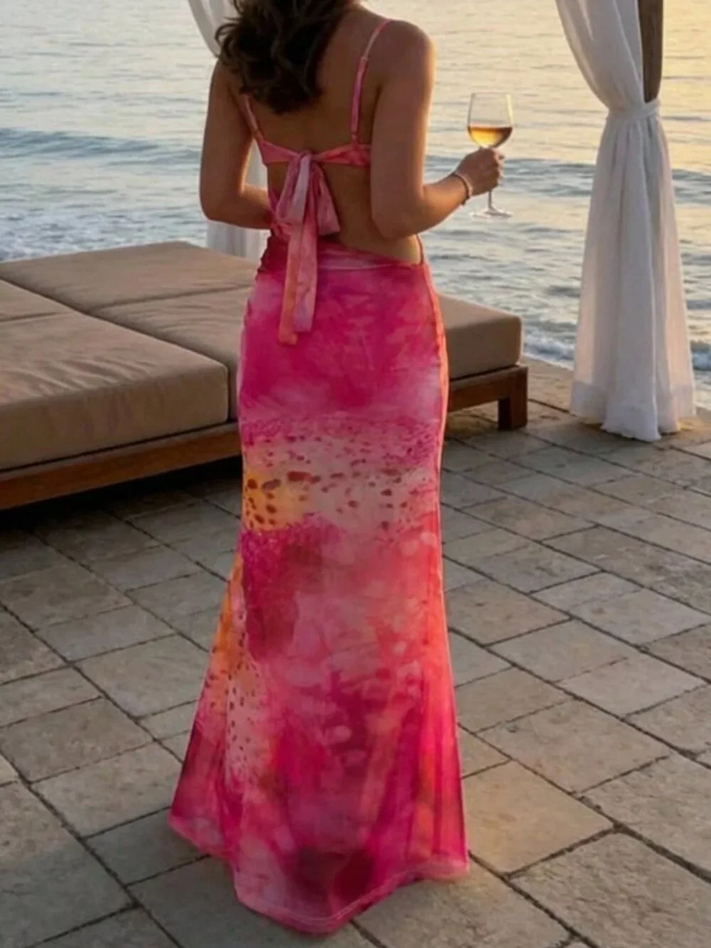 Pink Boho Women's Floral Dress with Starfish Print, Fishtail Hem, Cutout Waist